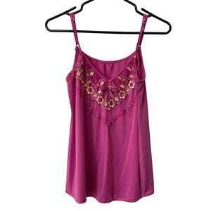 Vintage 80s Cami Top Floral Lace Embroidered Sleeveless V Neck Pink Bow Intimate